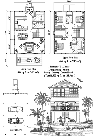 Elevated (Raised) Two-Story Piling House, Stilt House, Hurricane Proof Home Floor Plan (1600 Sq. Ft. with 3 Bedrooms and 2.5 Bathrooms, including Living, Dining, Kitchen, Laundry, Covered Porch). Perfect for building a home on hurricane-prone Beachfront, Ocean Front, Island & Tropical locations.