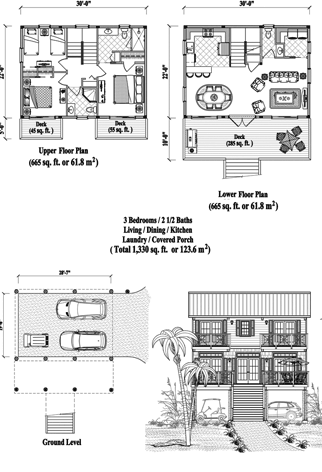 Two-Story Piling House Plan PGT-2106 (1330 Sq. Ft.) 3 Bedrooms 2.5 Bathrooms