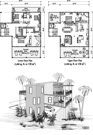 Two-Story Piling House Plan PGT-2107 (3000 Sq. Ft.) 4 Bedrooms 3.5 Bathrooms