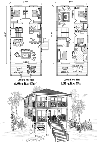 Two-Story Piling House Plan PGT-2108 (2110 Sq. Ft.) 5 Bedrooms 3 Bathrooms