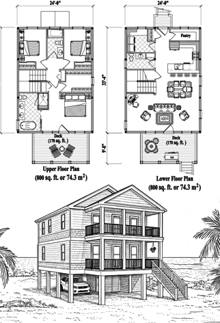 Two-Story Piling House Plan PGT-2109 (1600 Sq. Ft.) 3 Bedrooms 2.5 Bathrooms