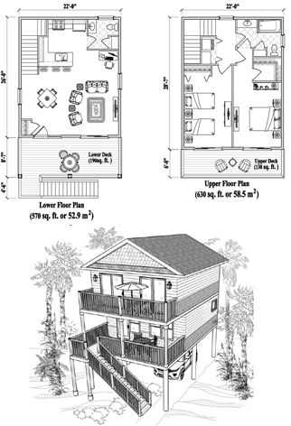 Two-Story Piling House Plan PGT-2110 (1200 Sq. Ft.) 2 Bedrooms 1.5 Bathrooms