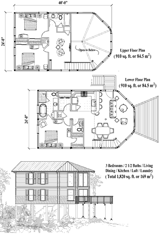 Hurricane-proof elevated Two-Story Piling home, stilt house, or pedestal home Floor Plan (1820 Sq. Ft. with 3 Bedrooms and 2.5 Bathrooms, including Living Room, Dining Room, Kitchen, Loft, Laundry). Best for home building in the Bahamas and other Caribbean locations.
