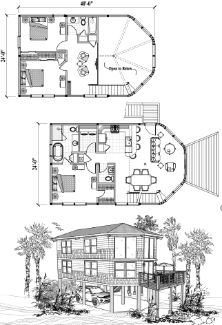 Hurricane-proof elevated Two-Story Piling home, stilt house, or pedestal home Floor Plan (1820 Sq. Ft. with 3 Bedrooms and 2.5 Bathrooms, including Living Room, Dining Room, Kitchen, Loft, Laundry). Best for home building in the Bahamas and other Caribbean locations.