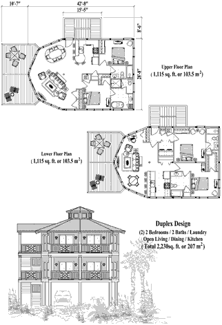 Two-Story Piling House Plan PGTE-0205 (2230 Sq. Ft.) 4 Bedrooms 4 Bathrooms