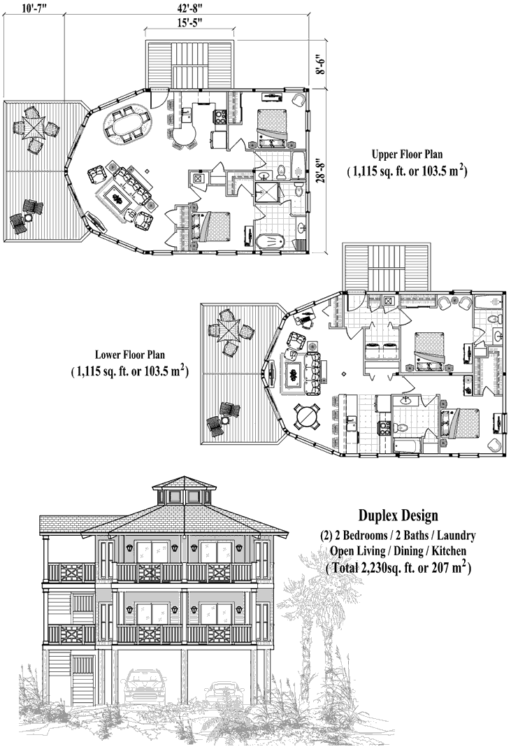 Prefab Two-Story Piling House Plan - PGTE-0205 (2230 sq. ft.) 4 Bedrooms, 4 Baths