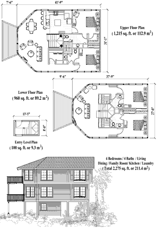 Two-Story Piling House Plan PGTE-0302 (2275 Sq. Ft.) 4 Bedrooms 4 Bathrooms