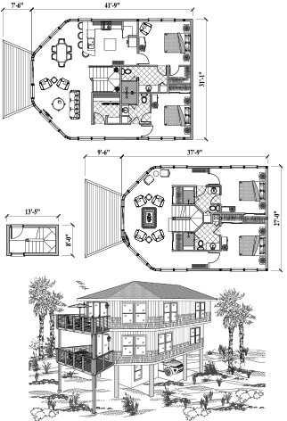 Two-Story Piling House Plan PGTE-0302 (2275 Sq. Ft.) 4 Bedrooms 4 Bathrooms