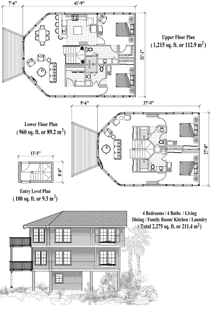 Two-Story Piling Prefab Online House Plan Collection PGTE-0302 (2275 sq. ft.) 4 Bedrooms, 4 Baths