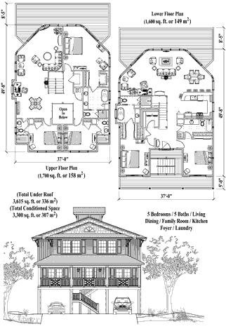Two-Story Piling House Plan PGTE-0401 (3615 Sq. Ft.) 5 Bedrooms 5 Bathrooms