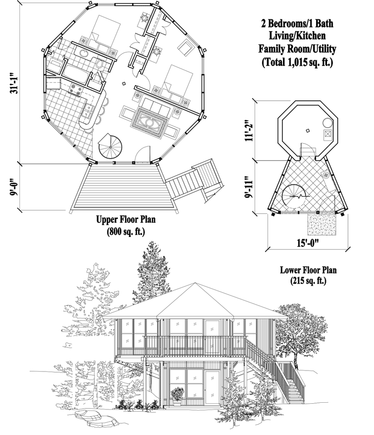 Prefab Enclosed Pedestal House Plan - PL-0301 (1015 sq. ft.) 2 Bedrooms, 1 Baths