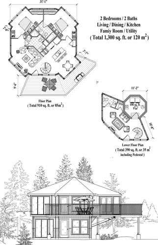 Enclosed Pedestal House Plan PL-0303 (1300 Sq. Ft.) 2 Bedrooms 2 Bathrooms