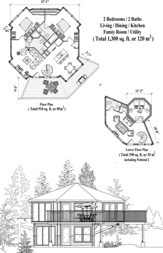 Enclosed Pedestal House Plan PL-0303 (1350 Sq. Ft.) 2 Bedrooms 2.5 Bathrooms