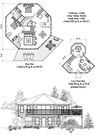 Enclosed Pedestal Homes & Houses Floor Plan (1525 Sq. Ft. with 2 Bedrooms and 3 Bathrooms, including Living Room, Dining Room, Kitchen, Family Room, Utility). Best for home building on sloping mountain terrain or in coastal and beachfront locations where elevated houses or raised homes are required.