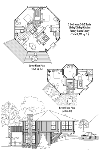 Enclosed Pedestal Hawaii Home Floor Plan (1775 Sq. Ft. with 3 Bedrooms and 2.5 Bathrooms, including Living Room, Dining Room, Kitchen, Family Room, Utility). Ideal for home building on sloping mountain terrain and coastal areas of the Hawaii Islands.