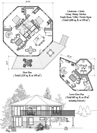 Enclosed Pedestal House Plan PL-0410 (1600 Sq. Ft.) 2 Bedrooms 2 Bathrooms