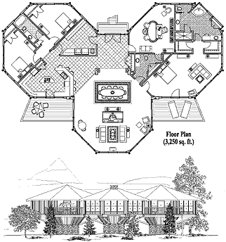 Premiere Hawaii Home Floor Plan (3625 Sq. Ft. with 3 Bedrooms and 2.5 Bathrooms, including Living, Dining, Kitchen, Study, Foyer, Utility). Ideal for home building on sloping mountain terrain and coastal areas of the Hawaii Islands.