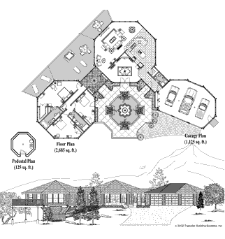 Prefabricated house kit. Premiere foundation home Floor Plan (3935 Sq. Ft. with 3 Bedrooms and 2.5 Bathrooms, including Living, Dining, Kitchen, Office, Grand Foyer, Utility, Garage). Shipped world-wide to remote and foreign locations.