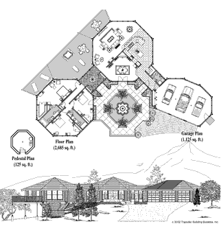 Premiere Hawaii Home Floor Plan (3935 Sq. Ft. with 3 Bedrooms and 2.5 Bathrooms, including Living, Dining, Kitchen, Office, Grand Foyer, Utility, Garage). Home building on sloping mountain terrain or coastal regions of Hawaii.