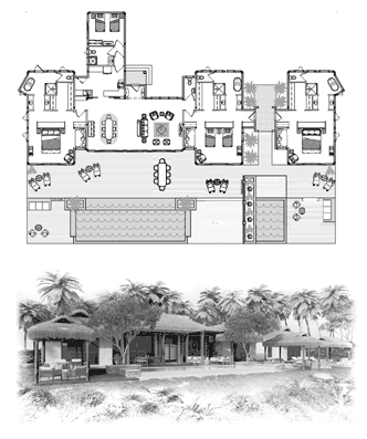 Premiere Hawaii Home Floor Plan (3300 Sq. Ft. with 4 Bedrooms and 4.5 Bathrooms, including Great Room, Dining, Kitchen). Ideal for home building on sloping mountain terrain and coastal areas of the Hawaii Islands.