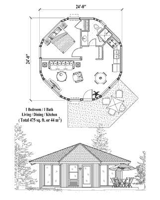 Octagon Houses & Octagonal Homes (Patio) Floor Plan (475 Sq. Ft. with 1 Bedrooms and 1 Bathrooms, including Living Room, Dining, Kitchen & Laundry). Prefab octagon house plan built on stilts, pilings, pedestals, or slab foundations.