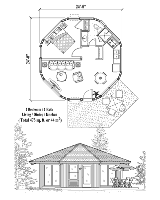 Patio House Plan PT-0121 (475 Sq. Ft.) 1 Bedrooms 1 Bathrooms