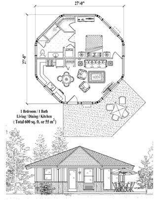 Patio House Plan PT-0221 (600 Sq. Ft.) 1 Bedrooms 1 Bathrooms
