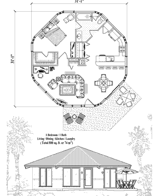 Patio House Plan PT-0321 (800 Sq. Ft.) 1 Bedrooms 1 Bathrooms