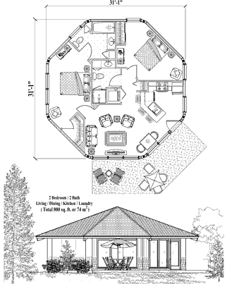 Octagon Houses & Octagonal Homes (Patio) Floor Plan (800 Sq. Ft. with 2 Bedrooms and 2 Bathrooms, including Living Room, Dining, Kitchen & Laundry). Prefab octagon house plan built on stilts, pilings, pedestals, or slab foundations.