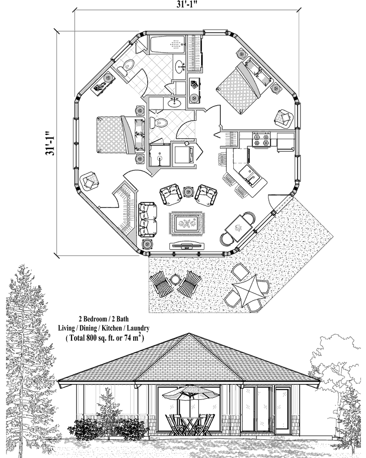 Prefab Patio House Plan - PT-0323 (800 sq. ft.) 2 Bedrooms, 2 Baths