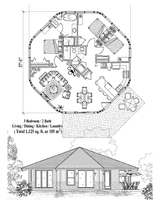 Octagon Houses & Octagonal Homes (Patio) Floor Plan (1125 Sq. Ft. with 3 Bedrooms and 2 Bathrooms, including Living, Dining, Kitchen, Laundry). Multi-sided home (8 sided) houseplan prefabricated, panelized and easy to assemble on site.