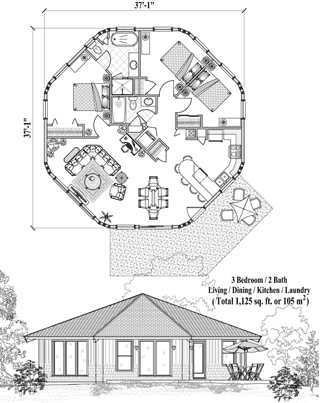 Octagon Houses & Octagonal Homes (Patio) Floor Plan (1125 Sq. Ft. with 3 Bedrooms and 2 Bathrooms, including Living, Dining, Kitchen, Laundry). Prefab octagon house plan built on stilts, pilings, pedestals, or slab foundations.