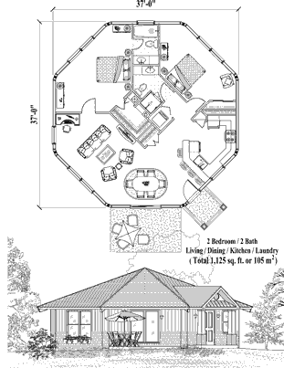 Octagon Houses & Octagonal Homes (Patio) Floor Plan (1125 Sq. Ft. with 2 Bedrooms and 2 Bathrooms, including Living, Dining, Kitchen, Laundry). Prefab octagon house plan built on stilts, pilings, pedestals, or slab foundations.