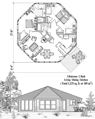Octagon Houses & Octagonal Homes (Patio) Floor Plan (1125 Sq. Ft. with 3 Bedrooms and 2 Bathrooms, including Living, Dining, Kitchen). Multi-sided home (8 sided) houseplan prefabricated, panelized and easy to assemble on site.