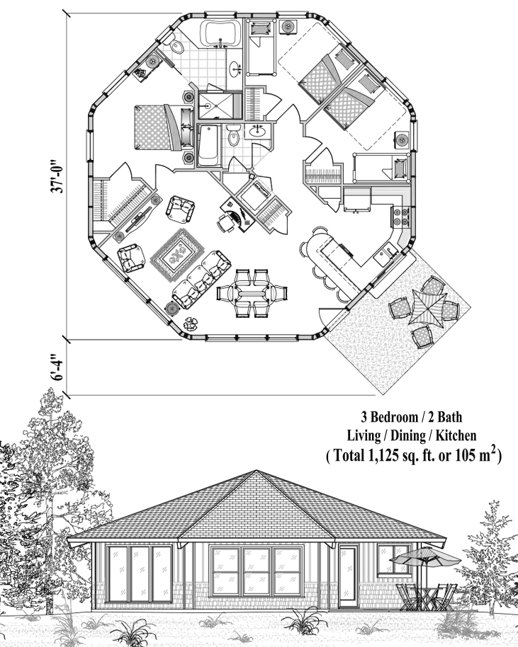 Prefab Patio House Plan - PT-0424 (1125 sq. ft.) 3 Bedrooms, 2 Baths