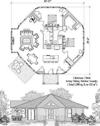 Octagon Houses & Octagonal Homes (Patio) Floor Plan (1300 Sq. Ft. with 2 Bedrooms and 2 Bathrooms, including Living Room, Dining Room, Kitchen, Laundry). Multi-sided home (8 sided) houseplan prefabricated, panelized and easy to assemble on site.