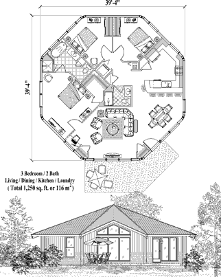 Octagon Houses & Octagonal Homes (Patio) Floor Plan (1250 Sq. Ft. with 3 Bedrooms and 2 Bathrooms, including Living, Dining, Kitchen, Laundry). Multi-sided home (8 sided) houseplan prefabricated, panelized and easy to assemble on site.