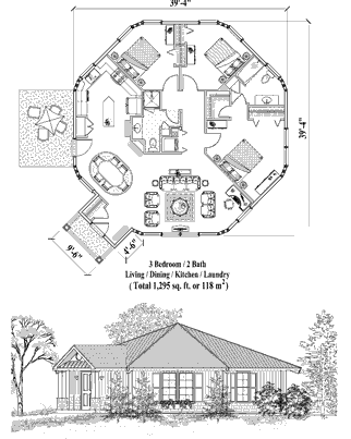 Octagon Houses & Octagonal Homes (Patio) Floor Plan (1295 Sq. Ft. with 3 Bedrooms and 2 Bathrooms, including Living, Dining, Kitchen, Laundry). Prefab octagon house plan built on stilts, pilings, pedestals, or slab foundations.