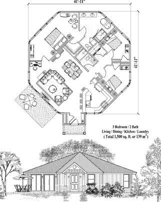 Octagon Houses & Octagonal Homes (Patio) Floor Plan (1500 Sq. Ft. with 3 Bedrooms and 2 Bathrooms, including Living, Dining, Kitchen, Laundry). Prefab octagon house plan built on stilts, pilings, pedestals, or slab foundations.