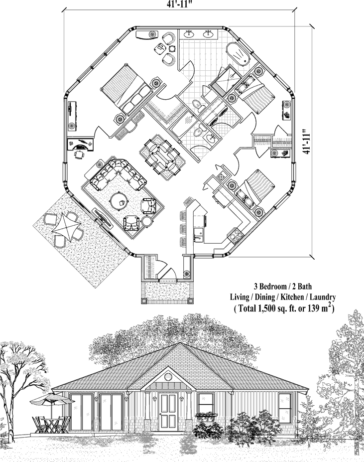 Prefab Patio House Plan - PT-0621 (1500 sq. ft.) 3 Bedrooms, 2 Baths