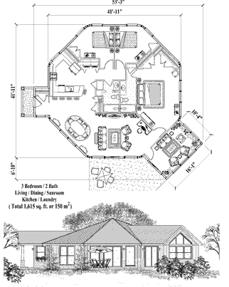 Octagon Houses & Octagonal Homes (Patio) Floor Plan (1615 Sq. Ft. with 3 Bedrooms and 2 Bathrooms, including Living, Dining, Sunroom, Kitchen, Laundry). Prefab octagon house plan built on stilts, pilings, pedestals, or slab foundations.