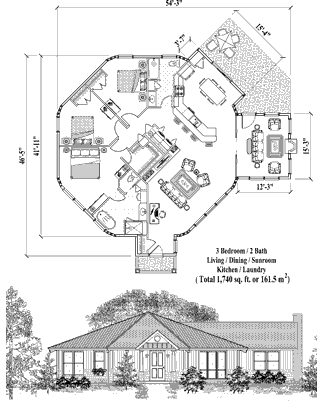 Patio House Plan PT-0623 (1740 Sq. Ft.) 3 Bedrooms 2 Bathrooms