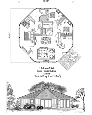 Patio House Plan PT-0624 (1455 Sq. Ft.) 3 Bedrooms 2 Bathrooms