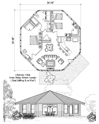 Octagon Houses & Octagonal Homes (Patio) Floor Plan (1000 Sq. Ft. with 2 Bedrooms and 1 Bathrooms, including Living Room, Dining, Kitchen & Laundry). Prefab octagon house plan built on stilts, pilings, pedestals, or slab foundations.