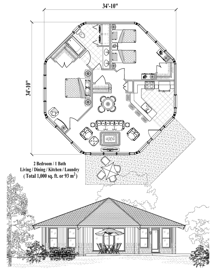Prefab Patio House Plan - PT-1121 (1000 sq. ft.) 2 Bedrooms, 1 Baths