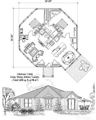 Octagon Houses & Octagonal Homes (Patio) Floor Plan (1050 Sq. Ft. with 2 Bedrooms and 2 Bathrooms, including Living, Dining, Kitchen, Laundry). Prefab octagon house plan built on stilts, pilings, pedestals, or slab foundations.