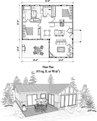 Patio House Plan PT-2101 (975 Sq. Ft.) 2 Bedrooms 2 Bathrooms