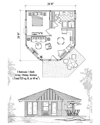 Patio House Plan PTE-0121 (525 Sq. Ft.) 1 Bedrooms 1 Bathrooms