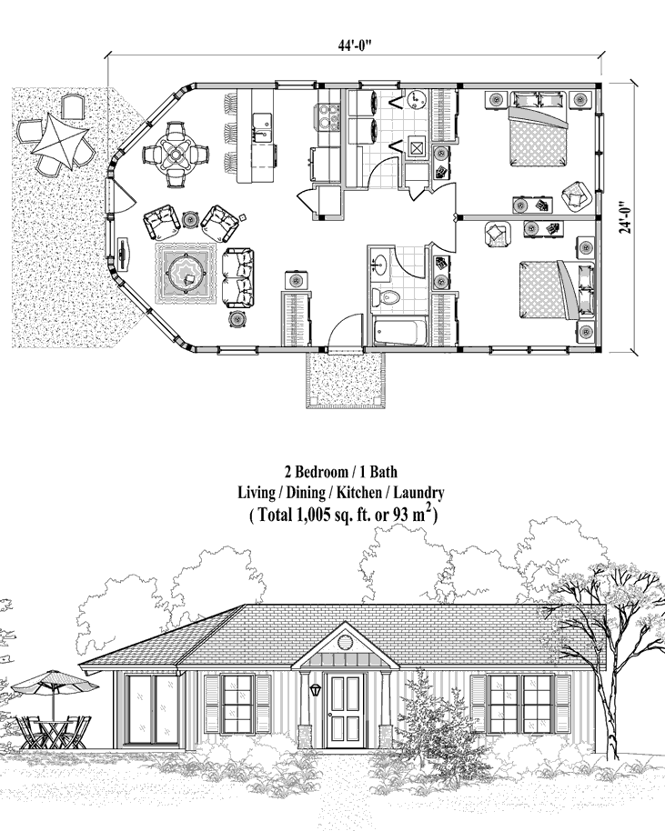 Prefab Patio House Plan - PTE-0122 (1005 sq. ft.) 2 Bedrooms, 1 Baths