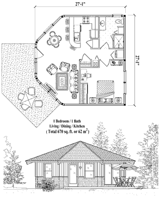 Patio House Plan PTE-0222 (670 Sq. Ft.) 1 Bedrooms 1 Bathrooms